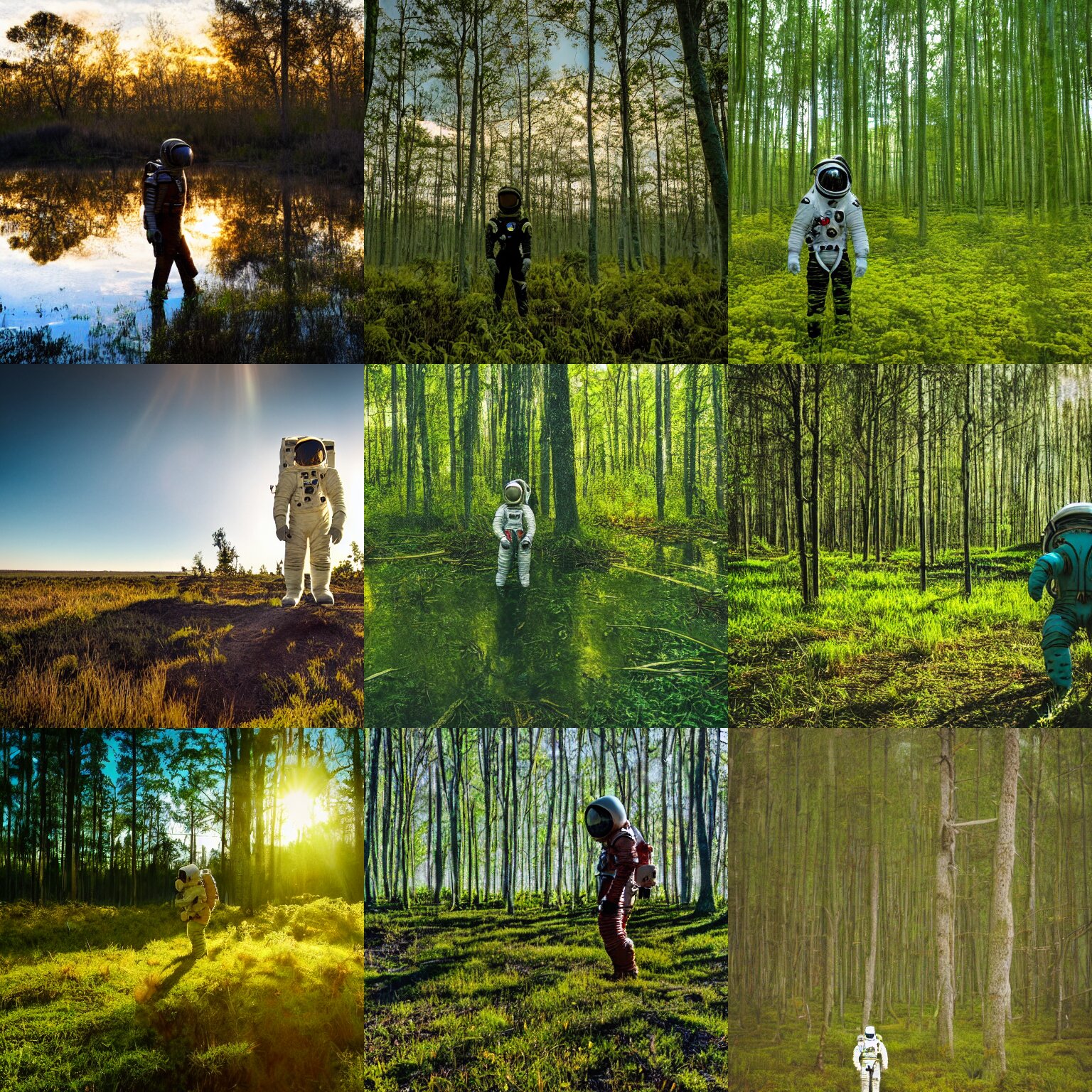 Astronaut Exploring a Green Swamp in an Alien Planet at Golden Hour