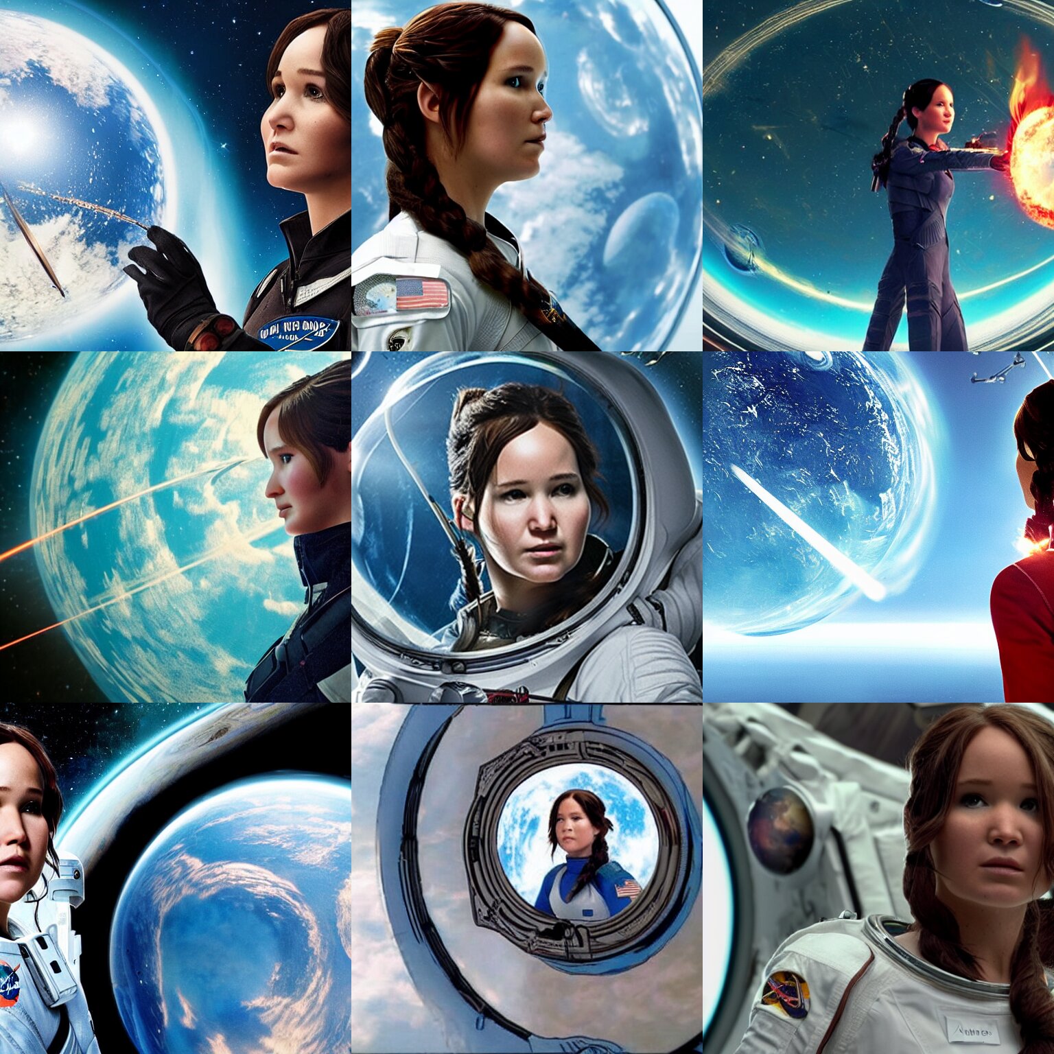 Astronaut Katniss Everdeen Staring at a Planet That Has Been Framed in Glass