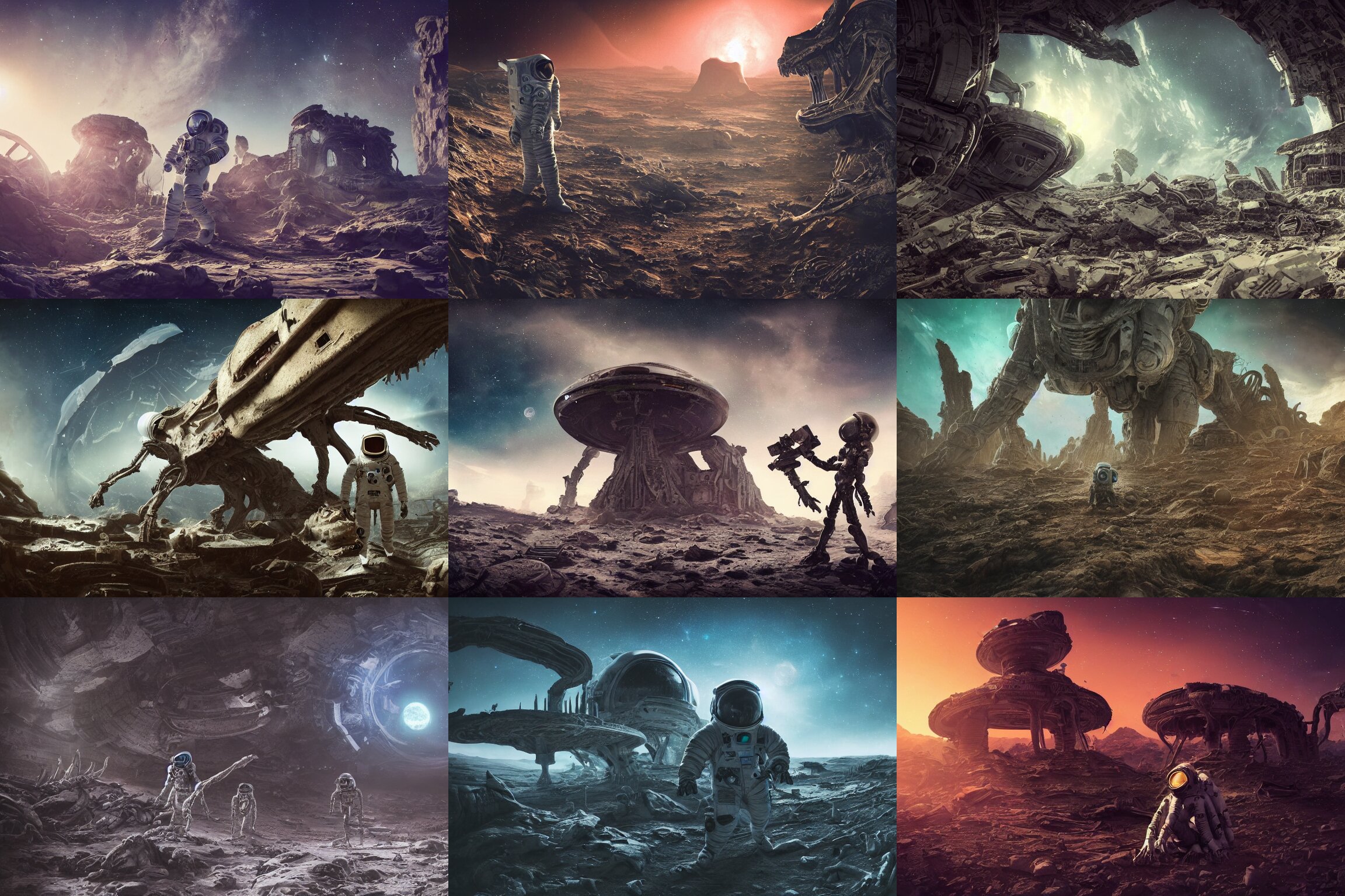 Photograph of an Astronaut Exploring an Abandoned Fallen Planet with Alien Skeletal Ruins