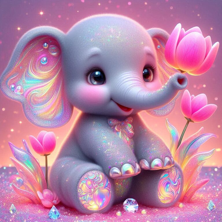 Whimsical Baby Elephant in Tulip Garden