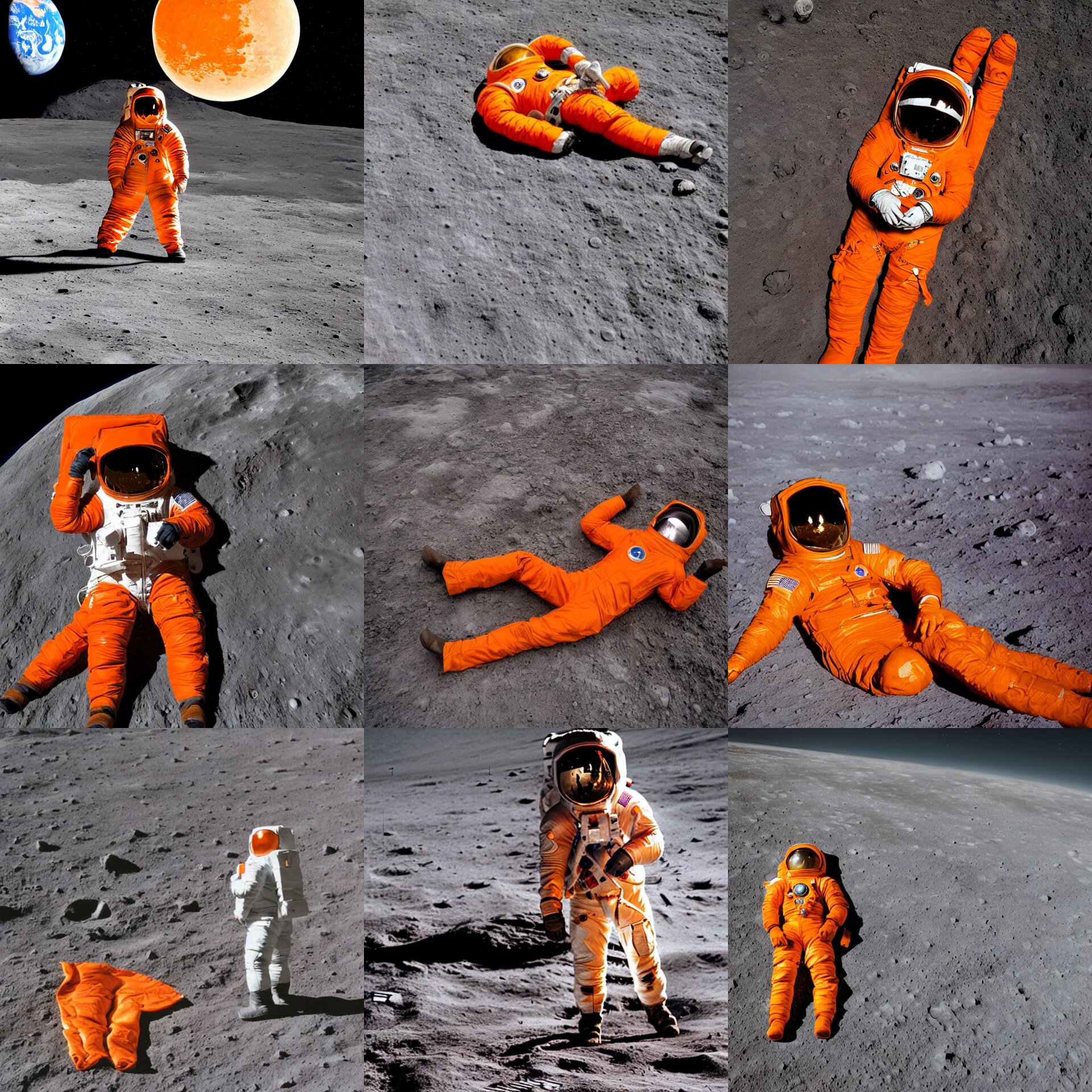 Man Wearing an Orange Astronaut Suit Lying on the Moon's Surface