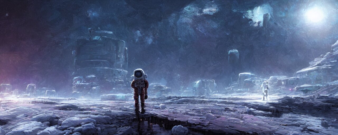 Lone Astronaut Exploring Outer Cybernetic Planet Covered with Ice