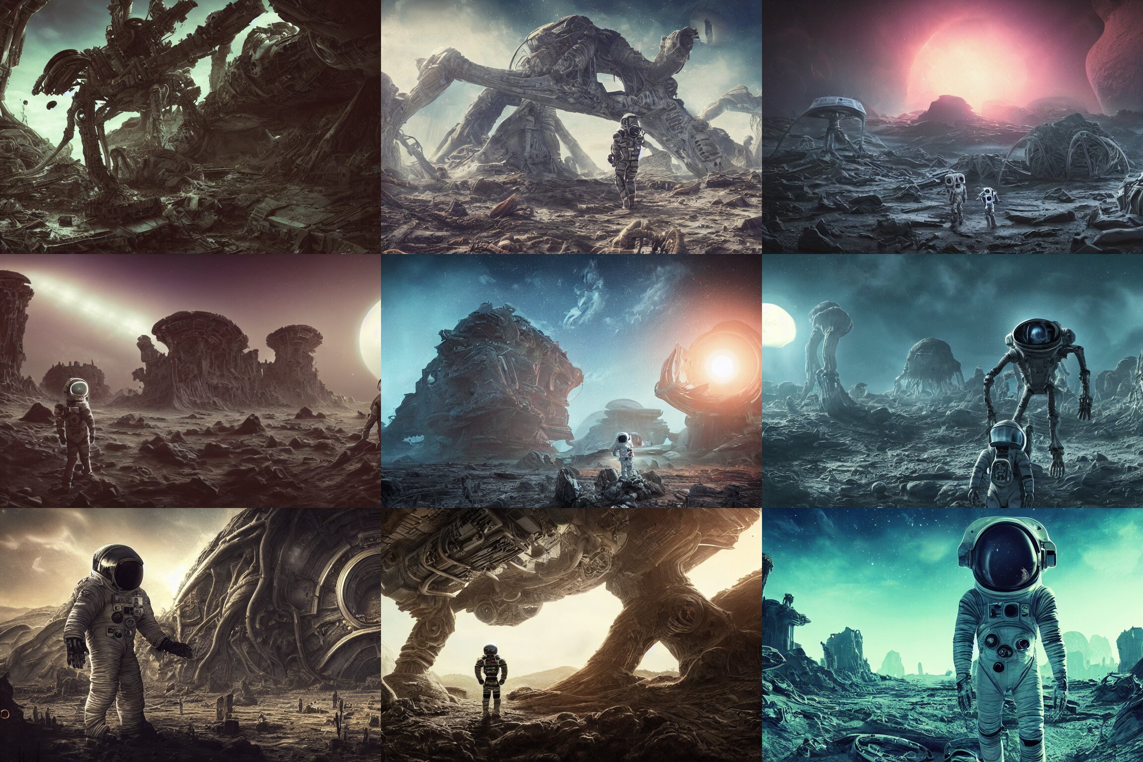 Photograph of an Astronaut Exploring an Abandoned Alien Planet with Alien Skeletal Ruins