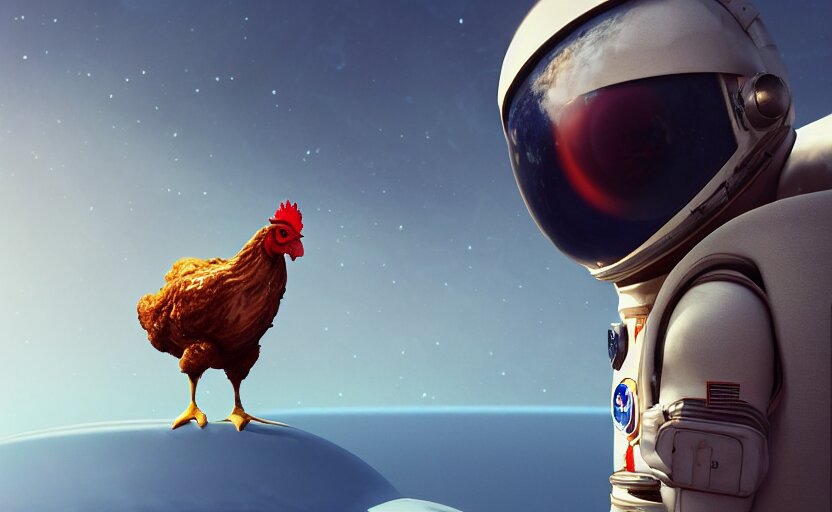 Chicken Wearing a Astronaut Suit in a Alien Planet