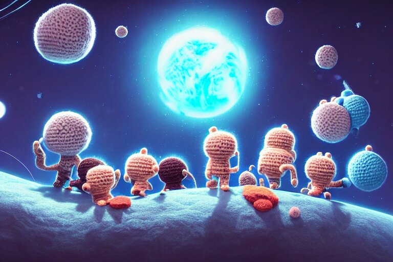 Expedition of Crochet Astronauts Discovering a New Fluffy Planet Made Out of Yarn