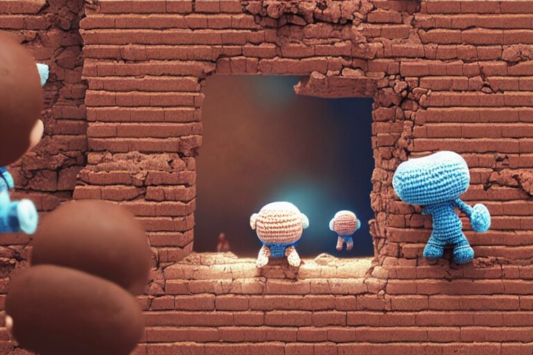 Expedition of Crochet Cute Astronauts Discovering a Hole of a Brick Wall