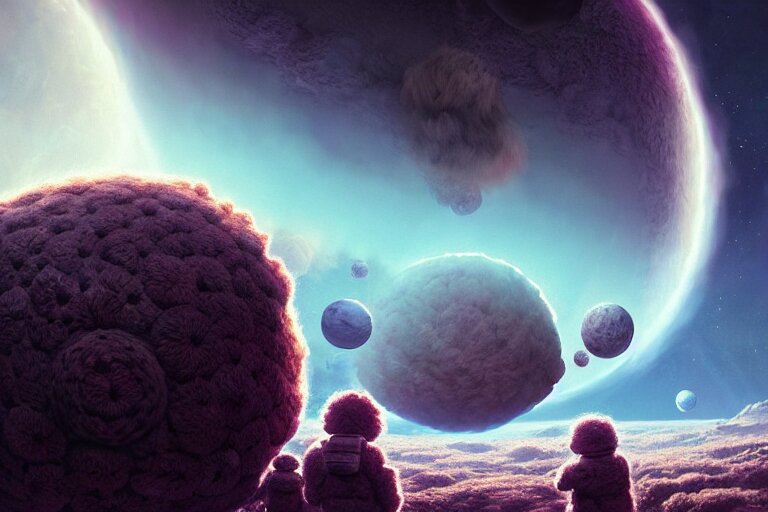 Expedition of Astronauts Discovering a New Fluffy Planet Made Out of Yarn