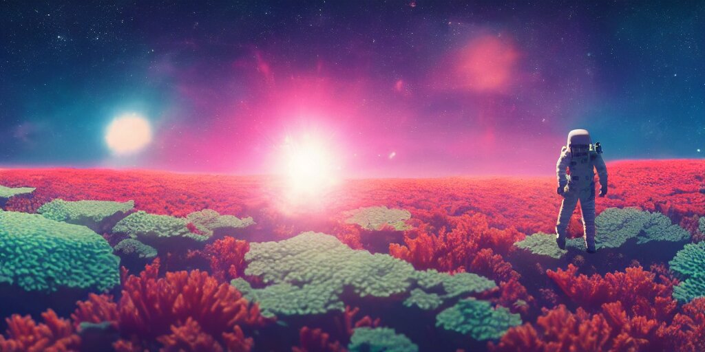 Astronaut Walks in a Field of Colorful Corals on the Surface of a Far Away Planet