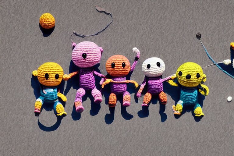 Group of Three Crochet Cute Astronauts Climbing a Yarn Wall