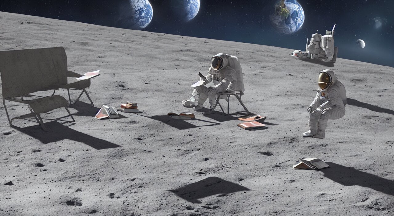Hyper Realistic Matte Painting of Astronaut on the Moon Sitting on Concrete Bench