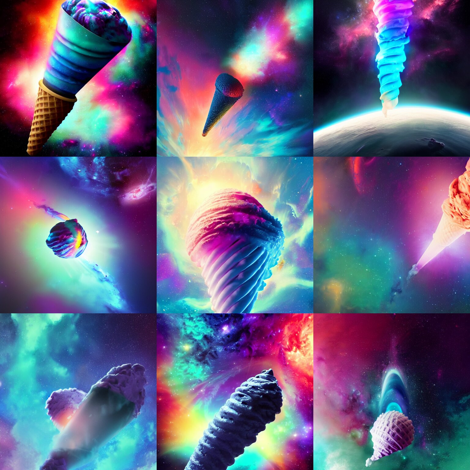 Dramatic Render of a Galaxy Flavored Ice Cream Cone Flying Through a Space Nebula