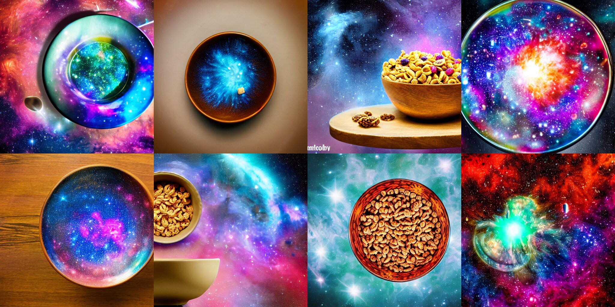 Picture of a Cereal Bowl on a Table with a Nebula Inside