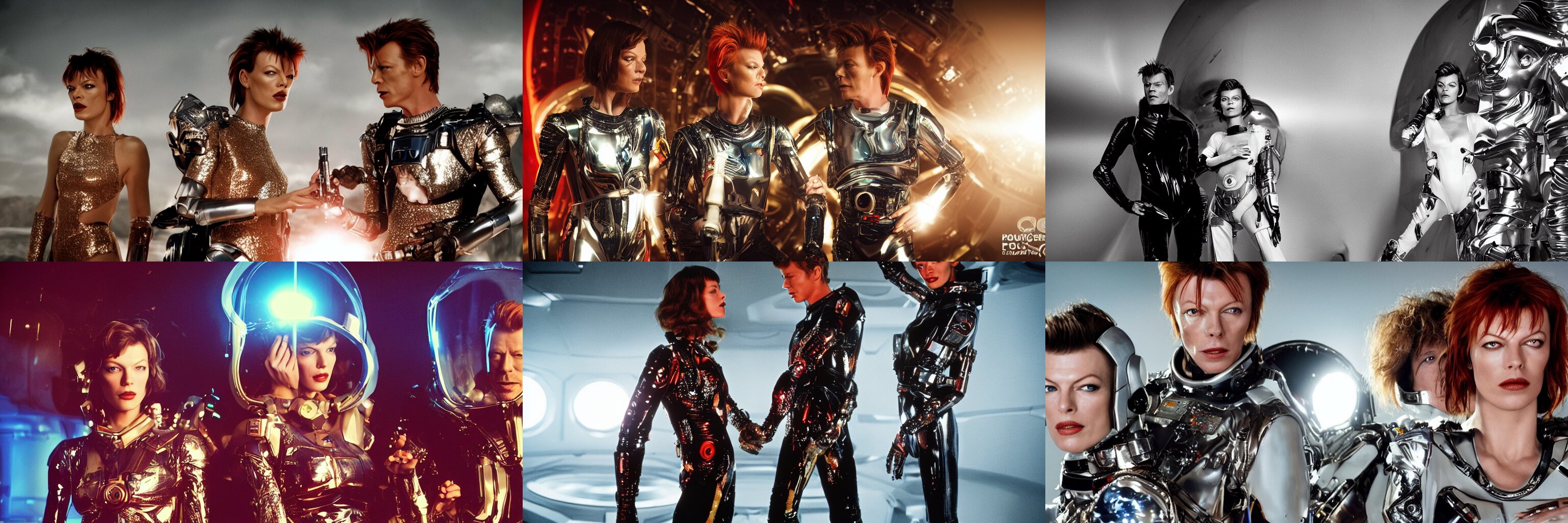 Portrait of Milla Jovovich and David Bowie Wearing a Rocknroll Glitzy Glamour Spacesuit