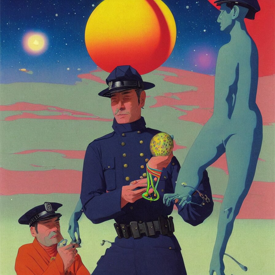 Portrait of a Policeman Holding a Colorful Alien Artifact Dug Up from an Astrological Site
