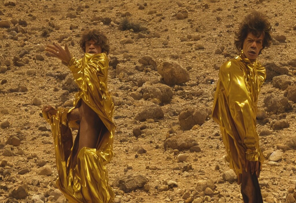 Mick Jagger Dressed in Golden Costume with Jewels in a Dry Rocky Desert Landscape