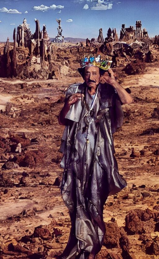 Salvador Dali Wearing a Crown with Jewels in a Dry Rocky Desert Landscape