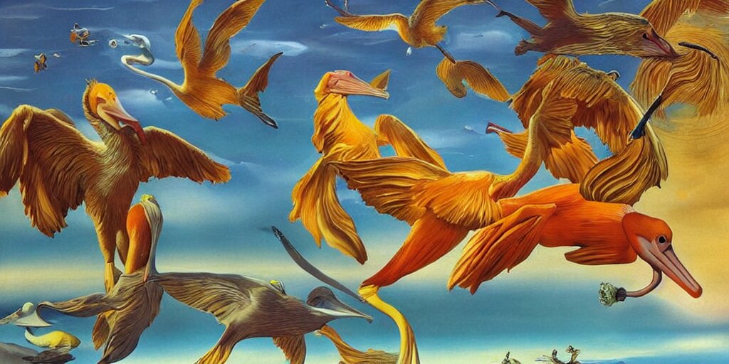 Floating Goldfish Pelicans and a Human Couple in an Alien Landscape
