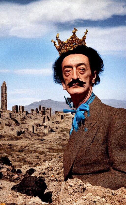 Salvador Dali Wearing a Great Crown with Blue Jewels in a Dry Rocky Desert Landscape