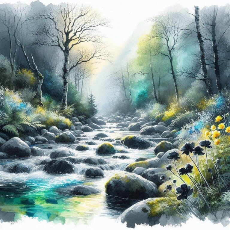 Emerald Stream with Black Flowers Painting