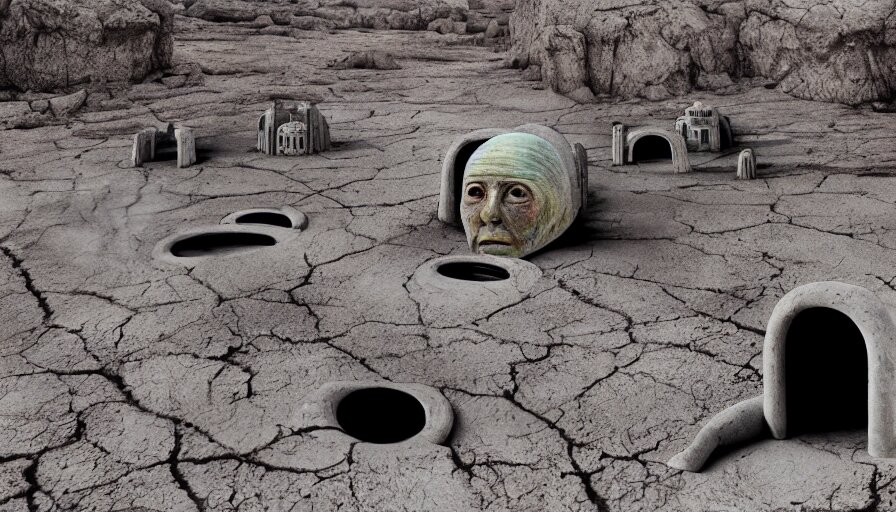 Levitating Group of Bene Gesserit Reflecting Mask in a Dry Rocky Desert Landscape