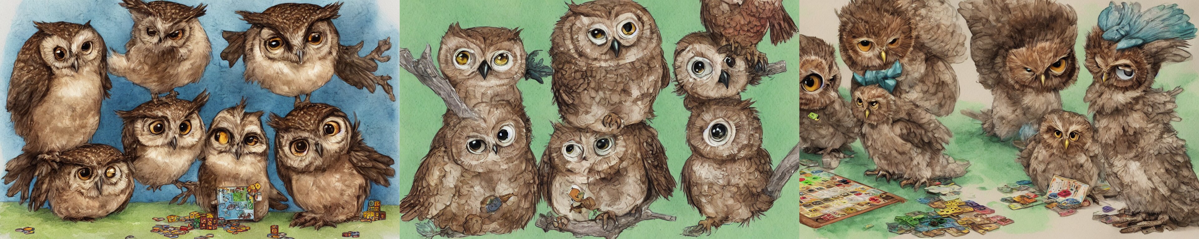 Two Cute Baby Owls Playing Board Games