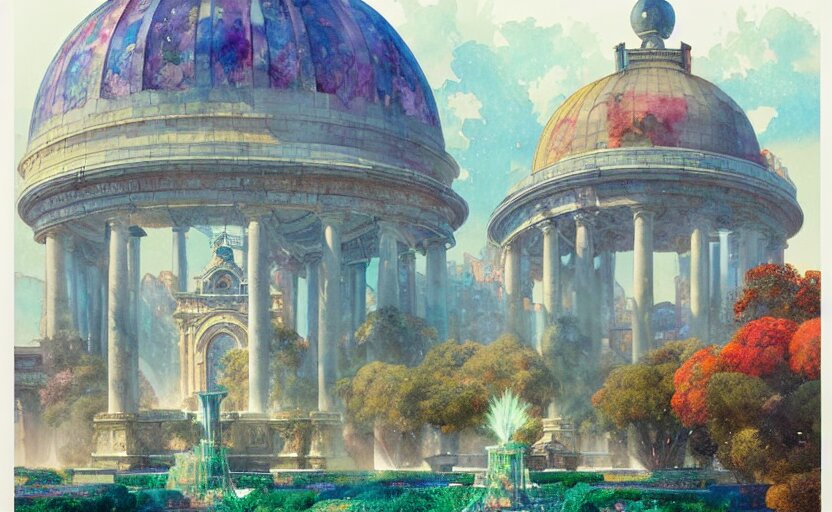 Neoclassical Tower with Dome on a Fantasy City Next to a Fountain and a Mystical Palace