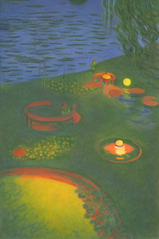 Cinematic Aerial View of Decorated Surrealist Lake Garden at Night