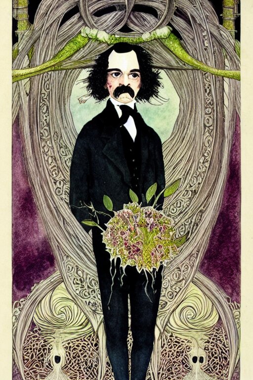 Realistic Portrait of Edgar Allen Poe in the Center of an Ornate Orchid Flower Frame