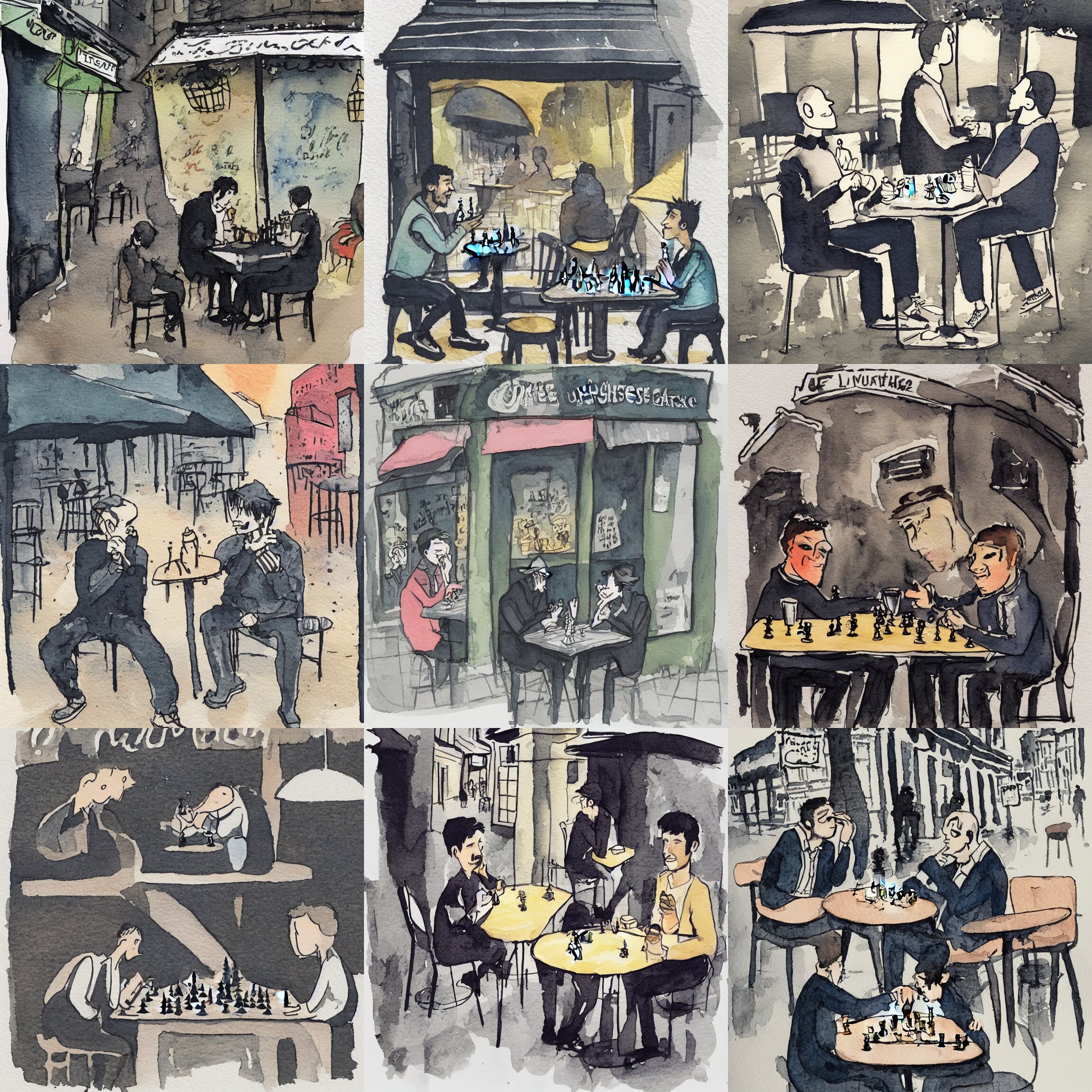Ink and Watercolor Illustration of Two Men Sitting Outside a Café in the Dark
