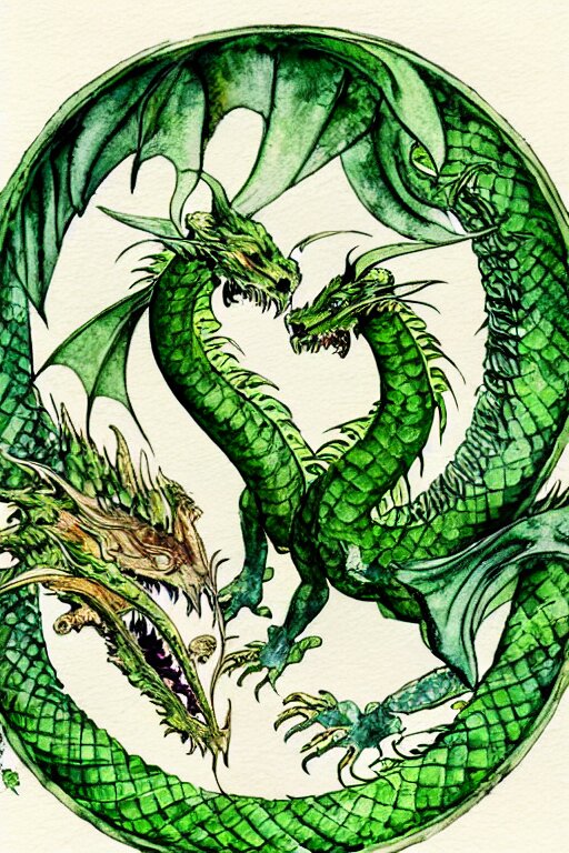 Green Dragon Watercolor Painting in the Center of a Circular Frame of Leaves