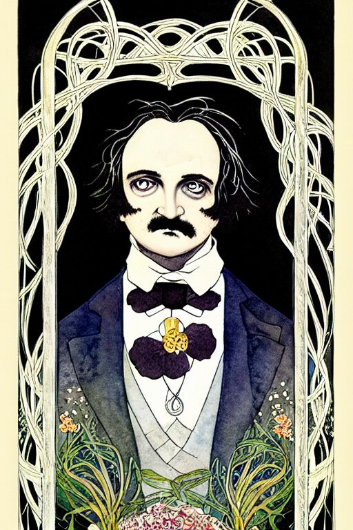 Symmetrical Portrait of Edgar Allen Poe in the Center of an Ornate Floral Frame