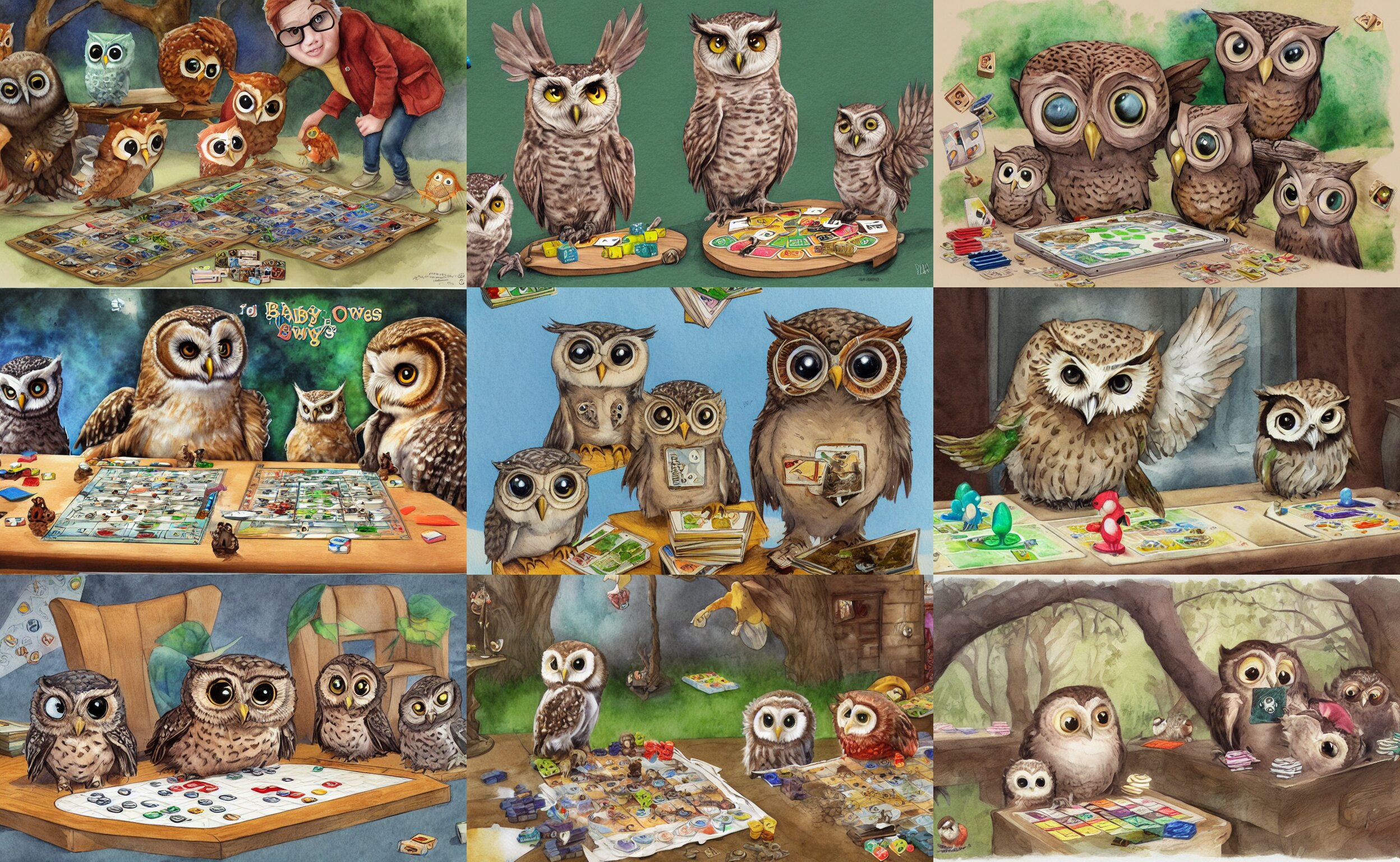 Baby Owls Playing Board Games