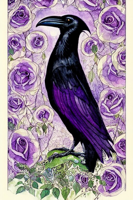 Single Realistic Raven in the Center of an Ornate Purple Rose Frame