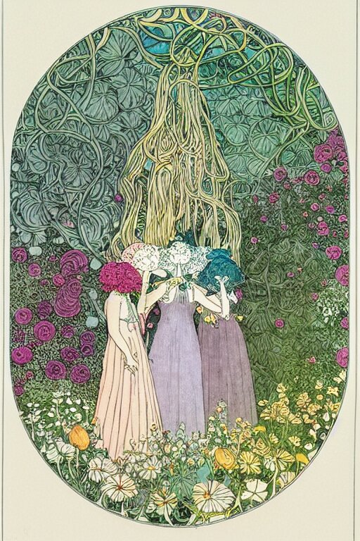 Three Women Holding Hands in a Circle with Flowers Growing Around