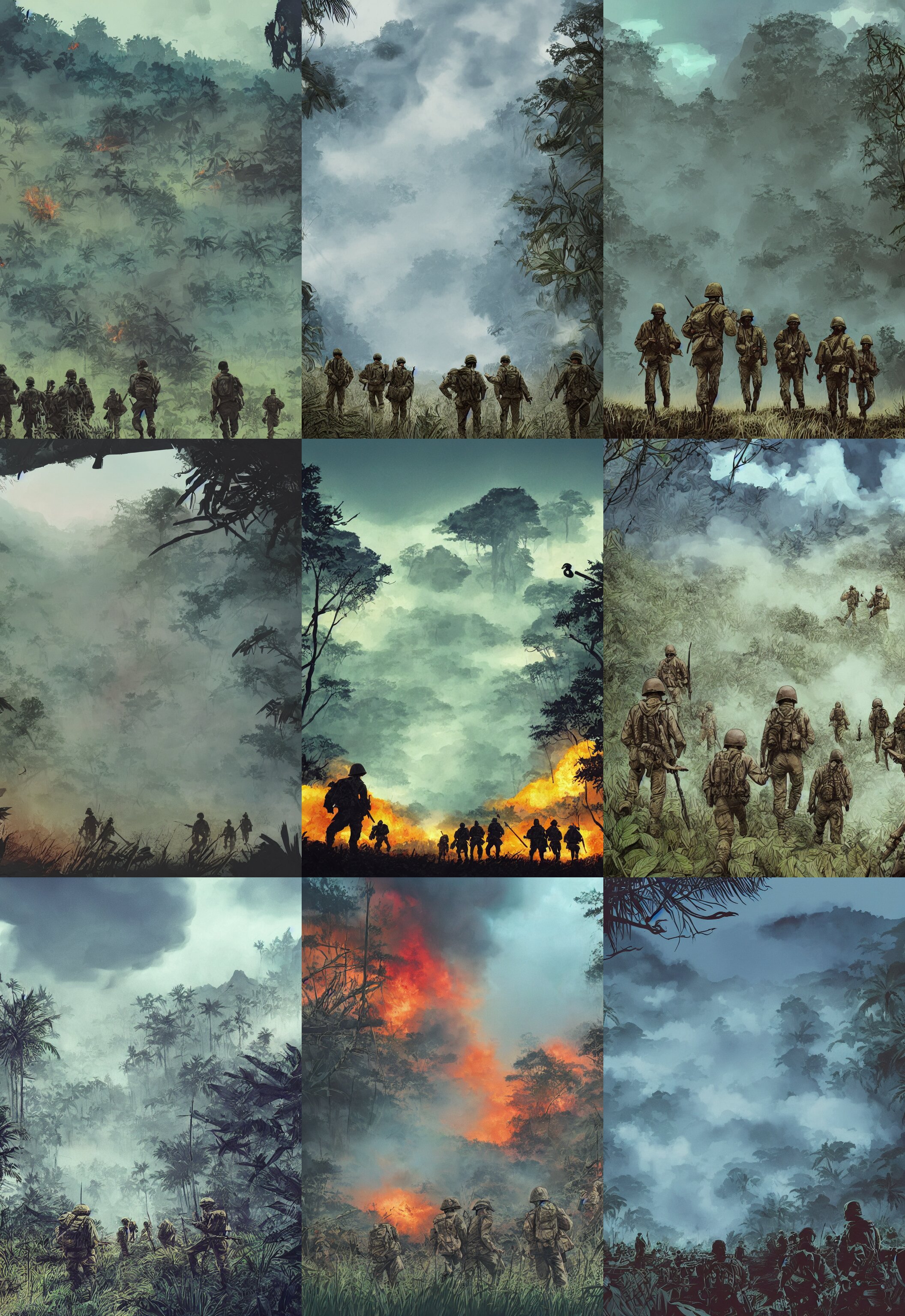 Handmade Illustration of an Epic Vietnam War Scene with a Few American Soldiers Walking