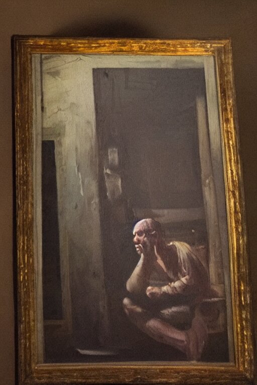 Oil Painting of a Man Hanging in an Old House Like a Scene from an Old Movie