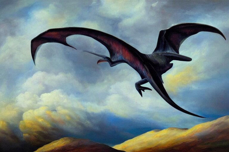 Oil Painting of a Giant Pterodactyl Flying Through the Clouds