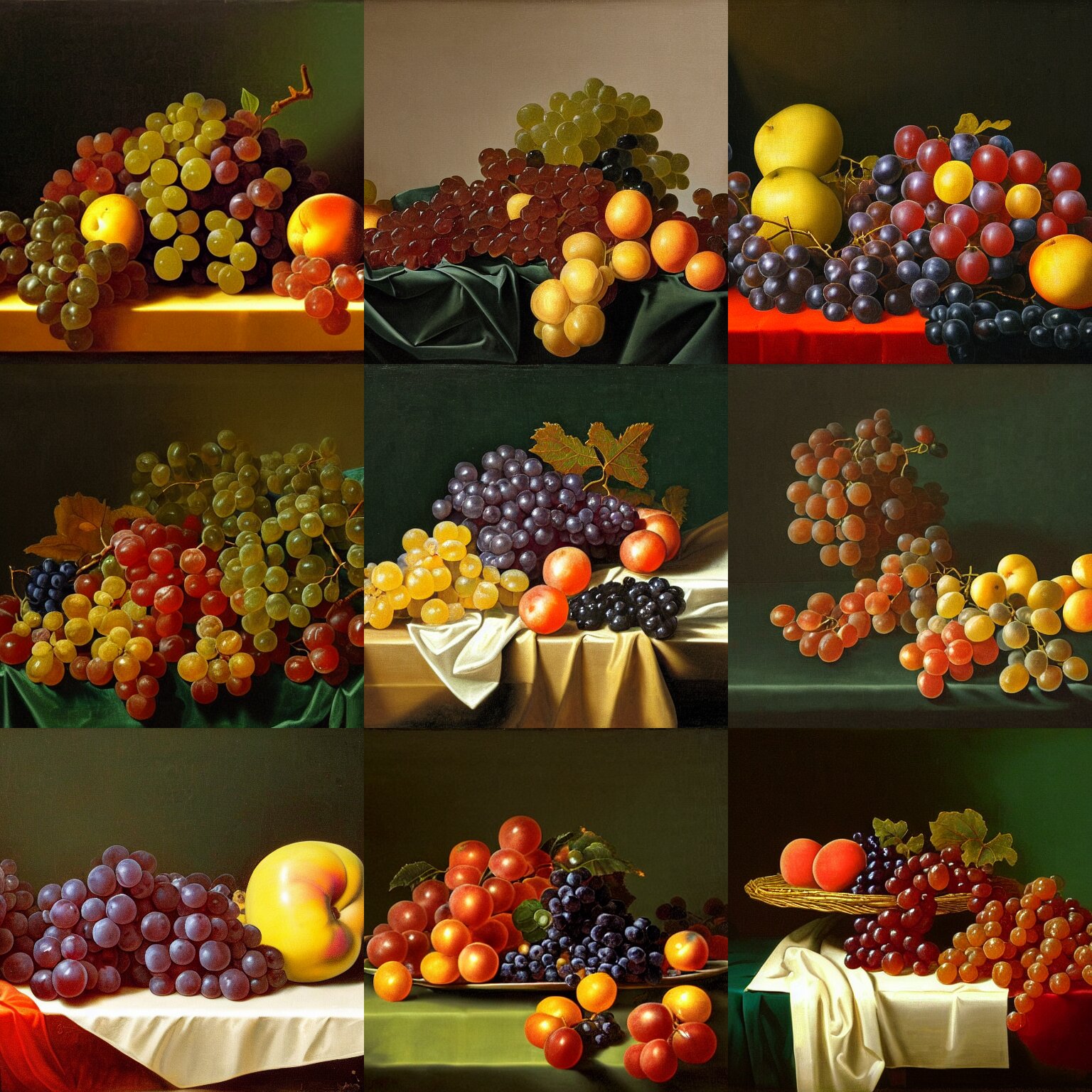 Painting of Fruits on a Dark Green Velvet Fabric on a Table : Red