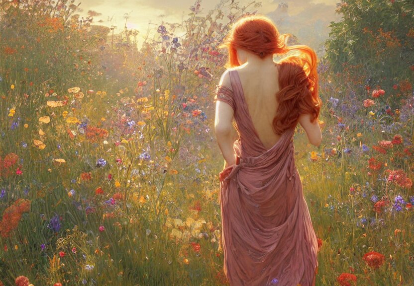 Woman Seen from Behind from Far Away with Copper Hair and a Flowing Sundress Surrounded