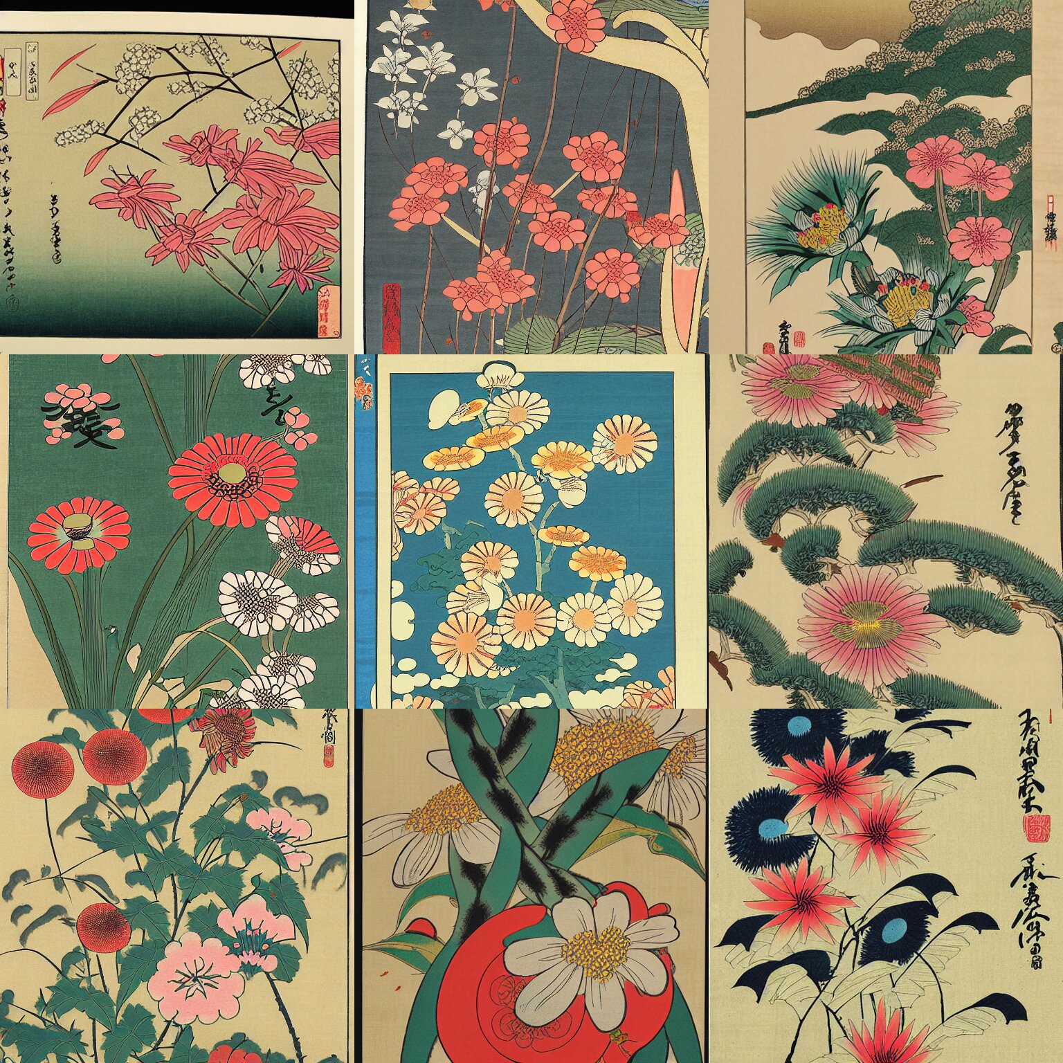 Beautifully Detailed Ukiyo-e Print of Japanese Wildflowers