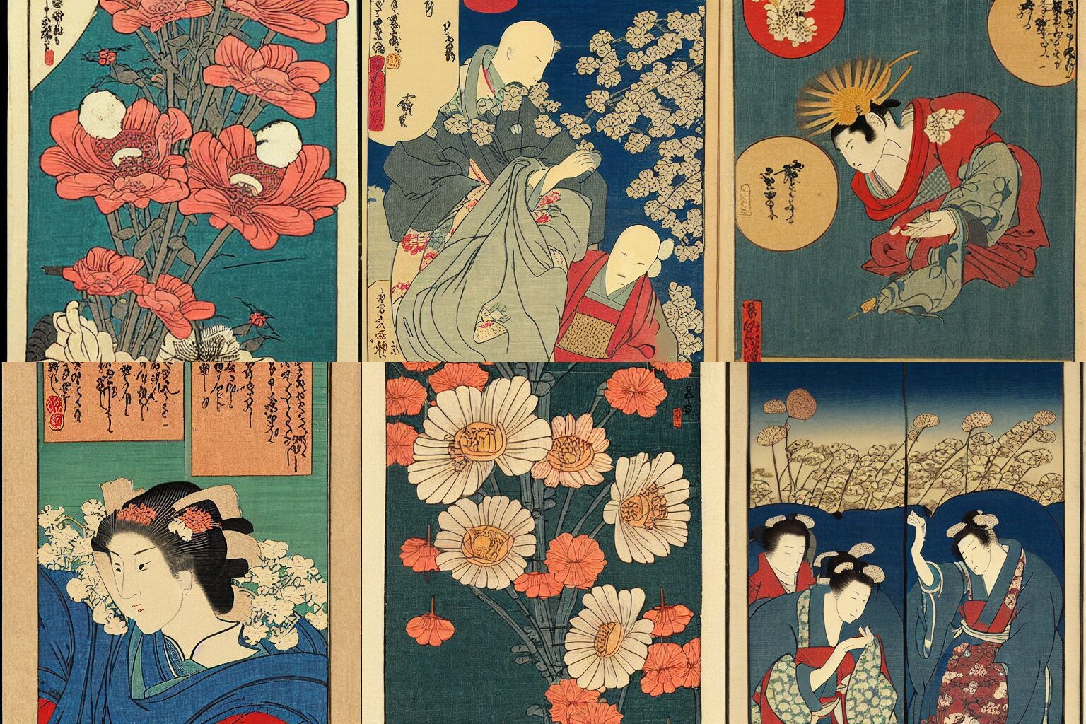 Renaissance Flower Painting as an Ukiyo-e Woodblock Print in the Style of Hiroshige