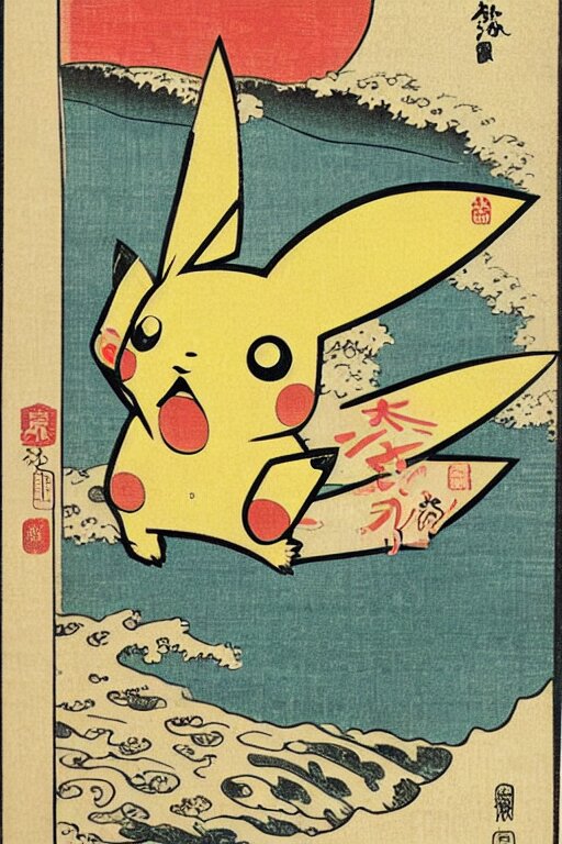 Surfing Pikachu Japanese Ukiyo-e Ukiyo-ye Woodblock Print