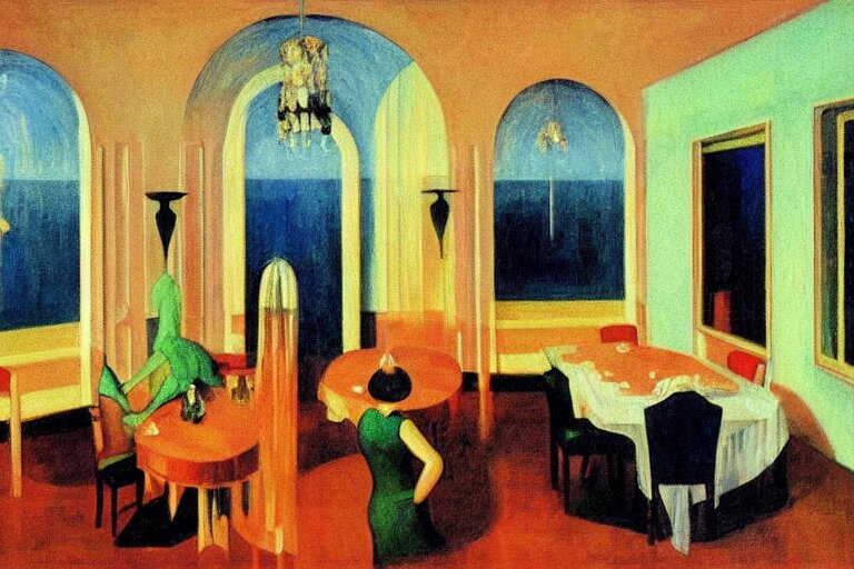 1920s Cinematic Aerial View of Decorated Surrealist Cozy Art Deco Dining Room