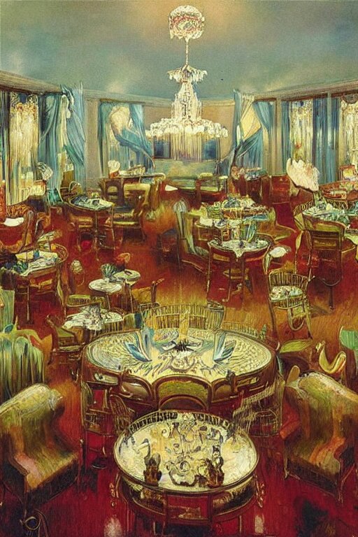 1920s Cinematic Aerial View of Decorated Surrealist Ballroom
