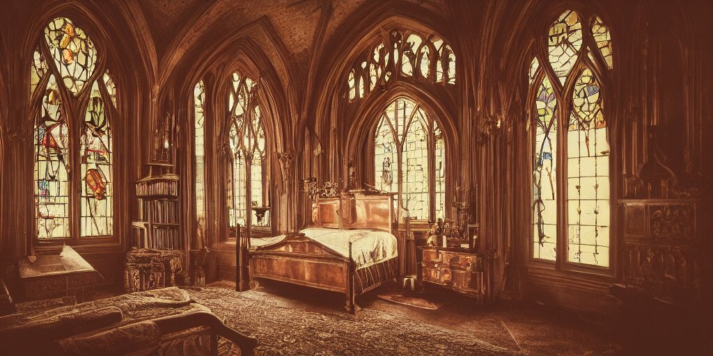 Room in the Gothic Style with a Bed and Stained Glass Windows