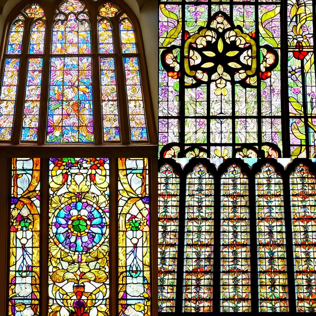 Floral Stained Glass Window with the Warm Light of Sunbeams Flitering Through