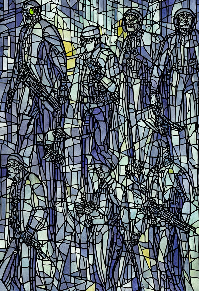 Portrait of Three Huge Gray Policemen Marching in the Foreground