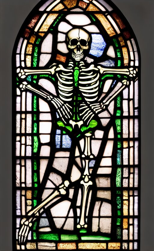 Medieval Stained Glass Window Depicting a Skeleton