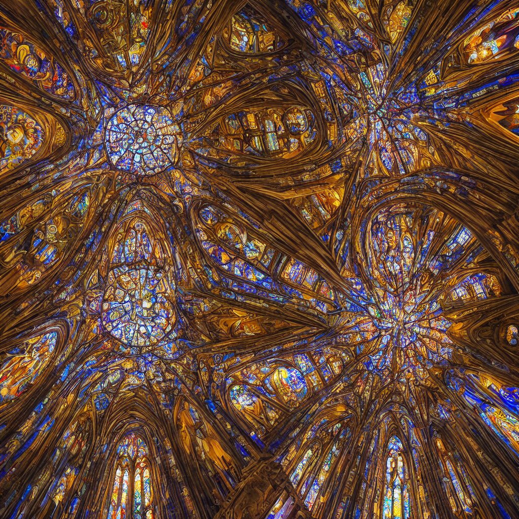 Looking Up in a Cathedral Full of Stained Glass Windows