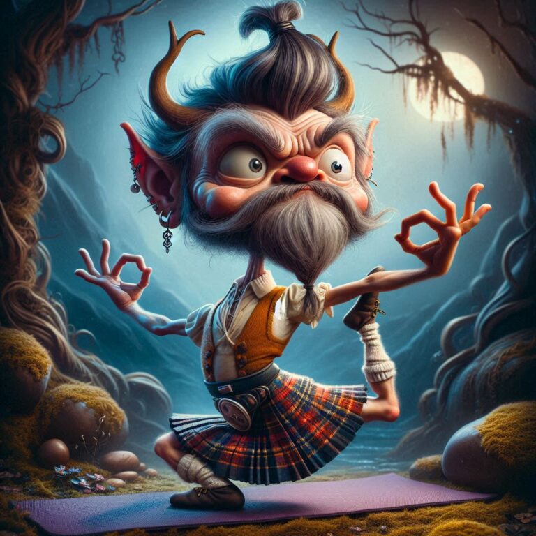 Whimsical Scottish Man Yoga Caricature